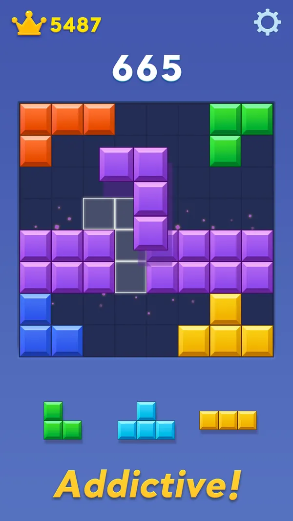 Partida de Block Blast com 665 pontos e recorde de 5487, uma linha roxa quase completa e três peças pequenas por baixo da grelha