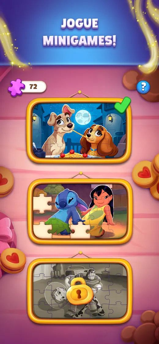 Ecrã de minijogos com três molduras de puzzle: A Dama e o Vagabundo com um visto verde, Lilo e Stitch por baixo e uma terceira fechada a cadeado
