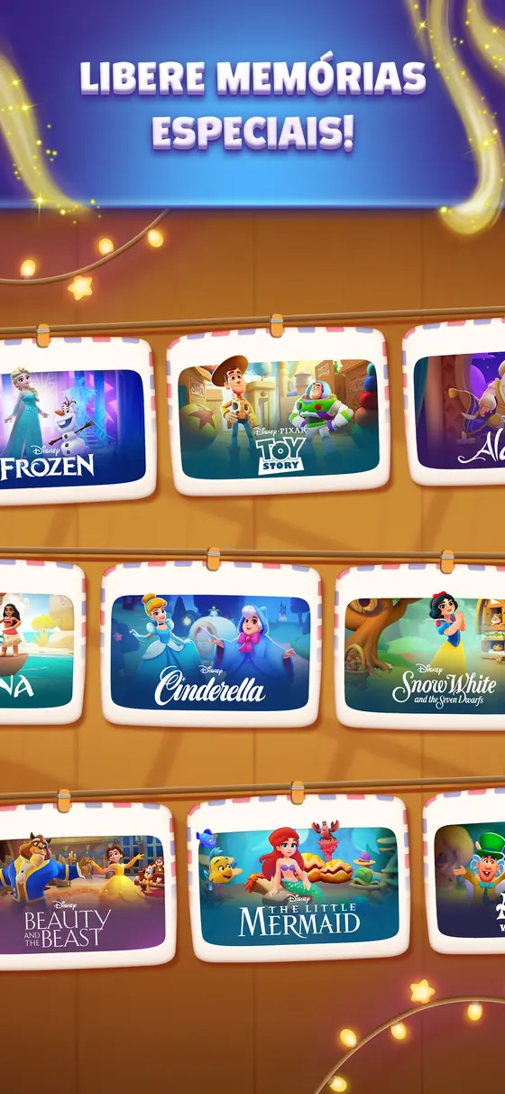 Parede de postais do Disney Solitaire com Frozen, Toy Story, Cinderela, Branca de Neve, A Bela e o Monstro e A Pequena Sereia