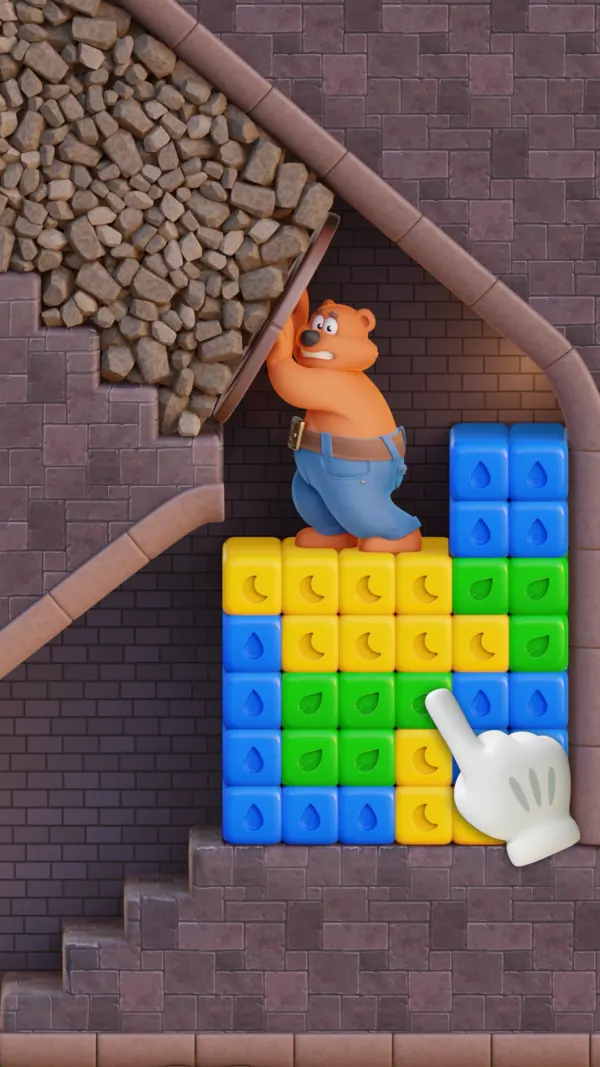 Urso de desenho animado a segurar com os braços uma avalanche de pedras numa escada, ao lado de cubos azuis, verdes e amarelos e uma mão a apontar para os cubos