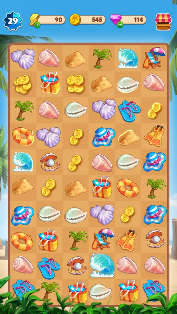 Grelha de 6 por 10 do Travel Town cheia de conchas, moedas, palmeiras, boias e chinelos, com nível 29, energia 90, 545 moedas e 114 gemas no topo